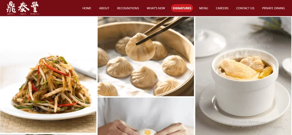 Din Tai Fung website interface featuring a dark red top navigation bar with the brand logo and links. Below the menu, a collage highlights signature dishes: a plate of stir-fried seaweed and bean sprouts appetizer, a wooden steamer basket filled with steaming Xiao Long Bao (soup dumplings) being lifted with chopsticks, and a white ceramic bowl of hot, steaming chicken soup.