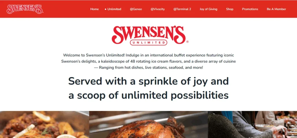 Swensen's Unlimited website homepage displaying a red navigation bar, buffet promotional text, and partial images of cooked food selections.