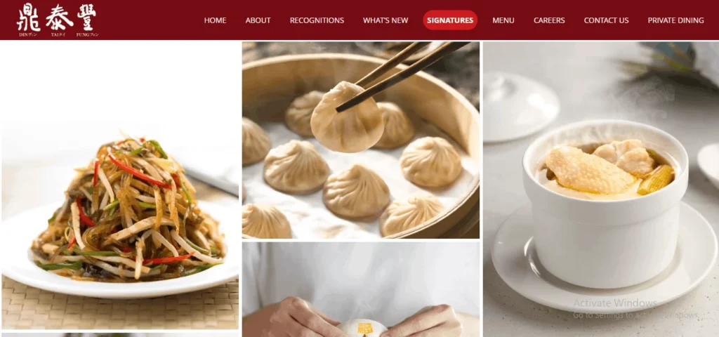 Din Tai Fung website homepage banner featuring signature dishes, including a plate of appetizers, a bamboo steamer basket of Xiao Long Bao dumplings being picked up with chopsticks, and a bowl of steaming chicken soup.
