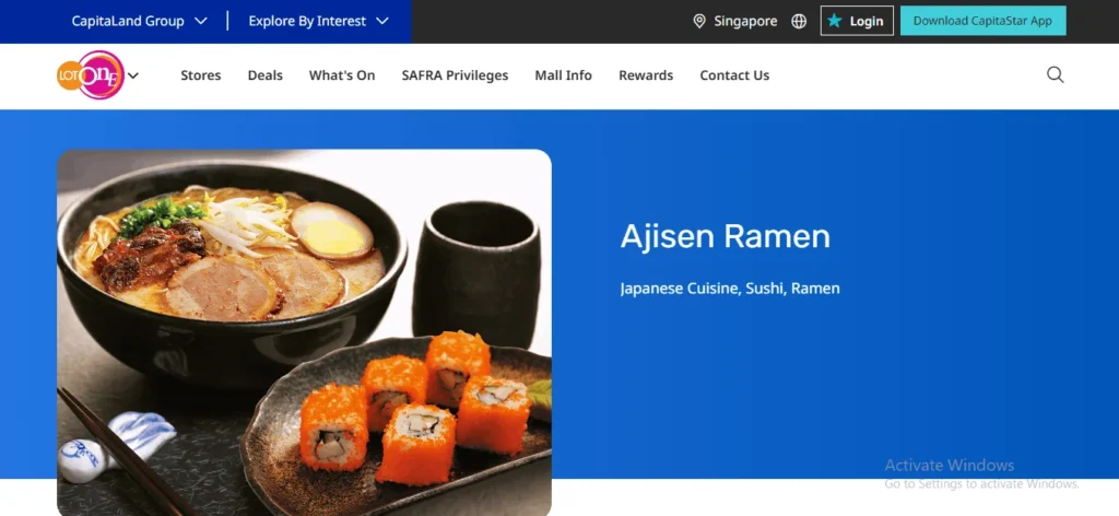 Screenshot of the Lot One shopping mall website directory page for Ajisen Ramen, featuring a blue banner with the text "Ajisen Ramen - Japanese Cuisine, Sushi, Ramen" and an appetizing photo of ramen and sushi rolls.