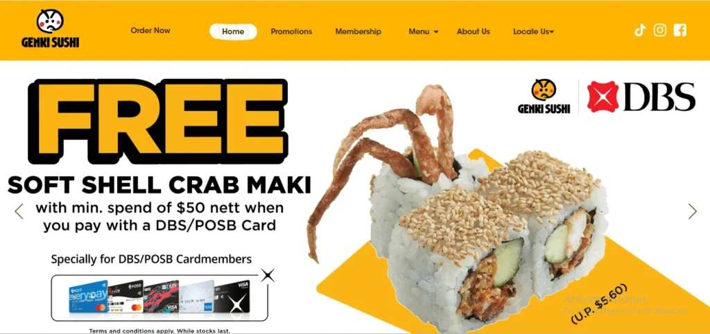 Genki Sushi promotional website banner offering free Soft Shell Crab Maki with a minimum spend of $50 nett when paying with a DBS or POSB card. The banner features an image of the sushi rolls alongside cardmember details.