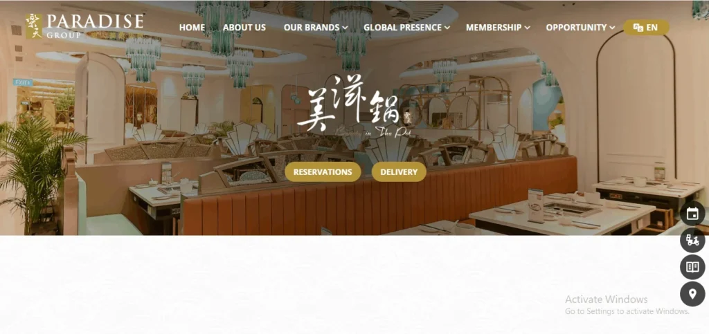 A webpage banner for the restaurant Beauty in The Pot under Paradise Group, displaying an elegant restaurant interior with geometric booth seating and chandeliers. The center overlay has the restaurant logo alongside "RESERVATIONS" and "DELIVERY" buttons.