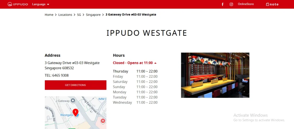Website screenshot for Ippudo Westgate, featuring restaurant details including address, opening hours, location map, and an image of the modern dining interior layout at Westgate Singapore.