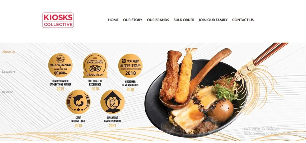 Banner for Kiosks Collective website featuring award badges from TripAdvisor and Singapore Hawkers, alongside a gourmet ramen bowl with chashu pork, a ramen egg, and fried tempura.