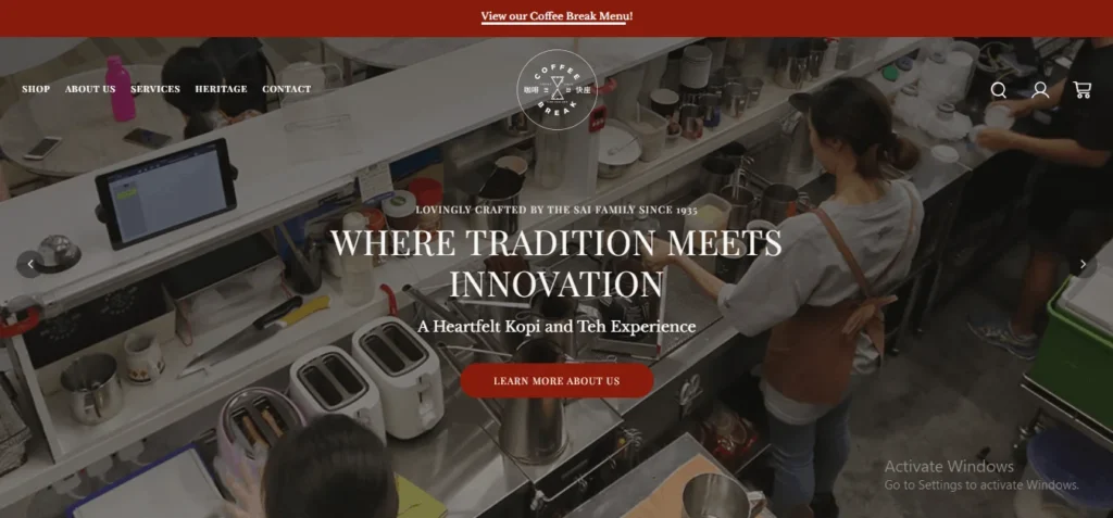 Website homepage banner for Coffee Break featuring an overhead view of staff preparing traditional kopi and tea at a counter, overlaid with text reading "Where Tradition Meets Innovation."