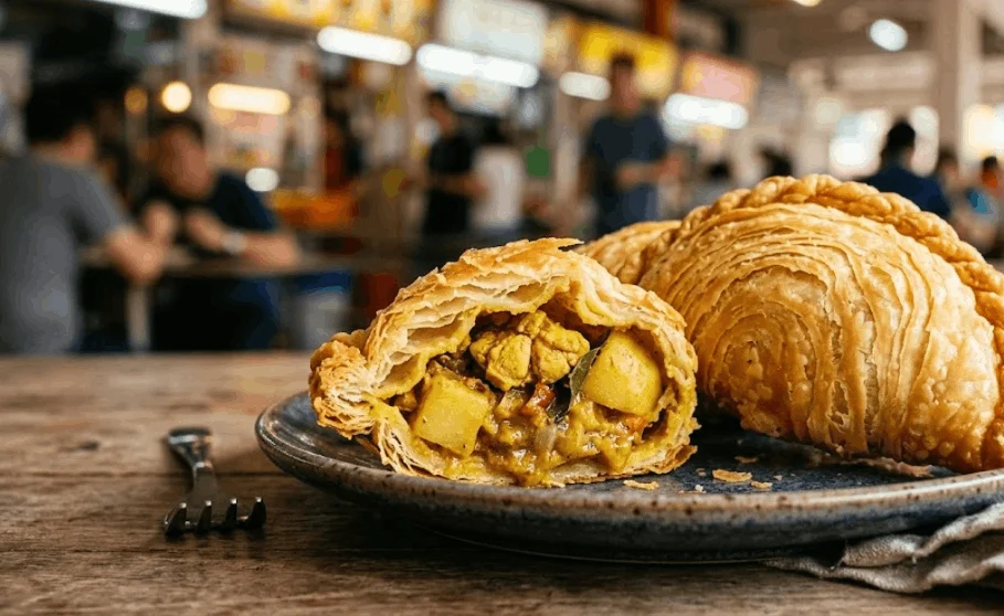 A delicious flaky curry puff, cut in half to show the filling, served on a blue plate in a busy Asian food court.