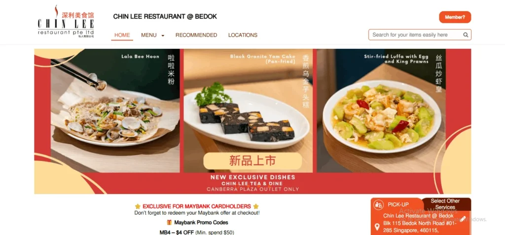 Screenshot of the Chin Lee Restaurant website interface. The top navigation bar features the "Chin Lee Restaurant @ Bedok" logo alongside home, menu, recommended, and location tabs, plus a search bar. Below the header is a prominent promotional banner showcasing three featured dishes: "Lala Bee Hoon" (clams with rice vermicelli), pan-fried "Black Granite Yam Cake," and "Stir-fried Luffa with Egg and King Prawns." Text on the banner highlights "New Exclusive Dishes" for the Canberra Plaza outlet.