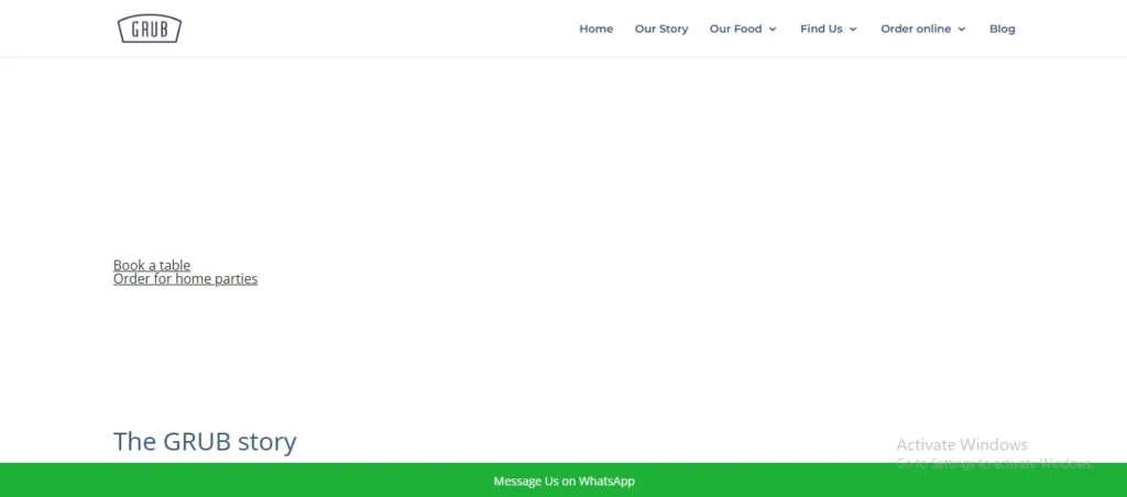 Screenshot of the GRUB homepage layout showcasing a minimalist white design with a green WhatsApp contact bar at the bottom.