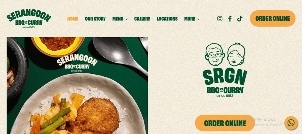 Homepage of the "Serangoon BBQ & Curry" website, featuring retro-style branding, a photo of a curry rice dish, their illustrated "SRGN" logo, and prominent orange "Order Online" call-to-action buttons.