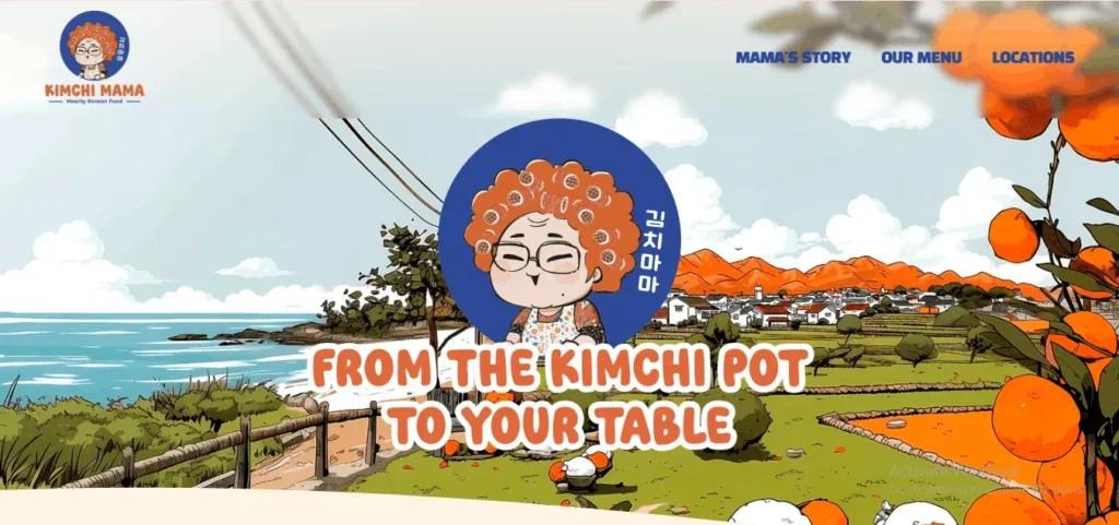 A website header banner for Kimchi Mama, a restaurant serving hearty Korean food. The design features a cartoon illustration of an elderly Korean woman with orange curly hair and glasses in a blue circle logo, set against an illustrated coastal landscape with orange fields, a village, and an ocean. Large text reads "From the Kimchi Pot to Your Table," and mandarin orange branches frame the right side of the image.