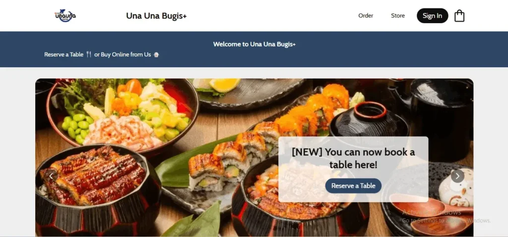 Online reservation page for Una Una at Bugis+ in Singapore, featuring a visual menu of authentic Japanese charcoal-grilled unagi hitsumabushi bowls and specialty sushi rolls.