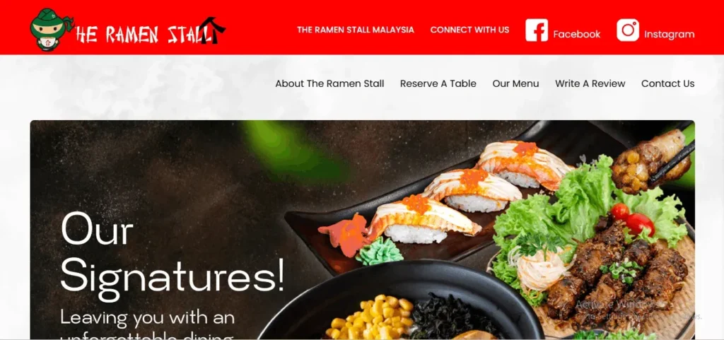 The Ramen Stall website banner showcasing authentic Japanese signature dishes like seared salmon sushi and ramen, a popular dining spot in Singapore.