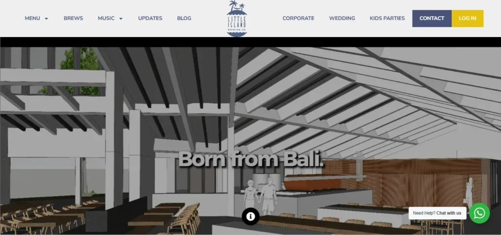 Homepage hero section for Little Island Brewing Co. featuring top navigation links for Menu, Brews, Music, Updates, Blog, Corporate, Wedding, Kids Parties, Contact, and Log In. The banner shows a 3D digital concept design of an open-concept venue layout with the slogan "Born from Bali."