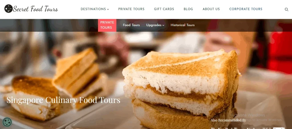 Website banner for Secret Food Tours featuring a close-up of traditional Singaporean kaya toast on a plate, with overlay text reading "Singapore Culinary Food Tours."