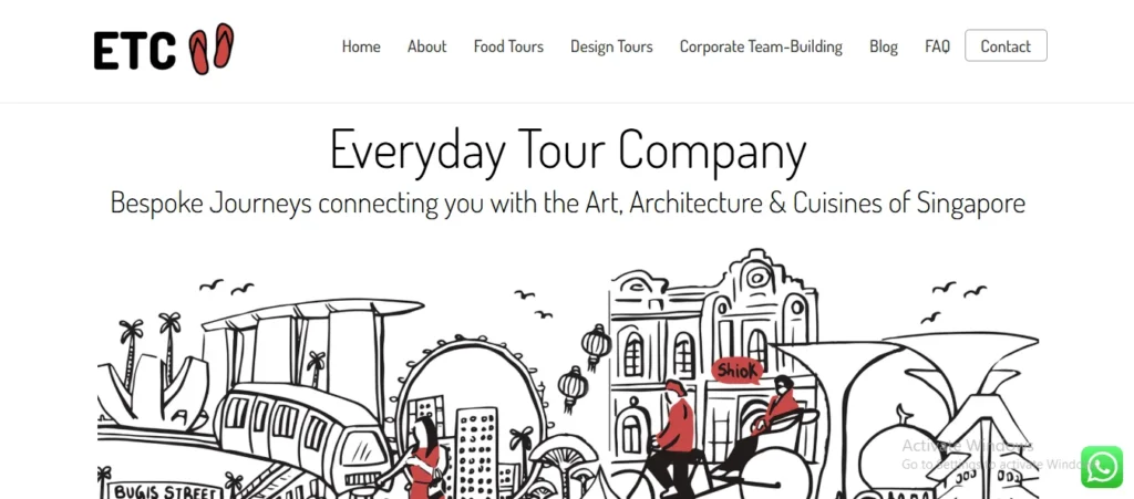 Homepage header for Everyday Tour Company displaying the logo ETC, navigation menu, and a line-art illustration of Singapore landmarks including Marina Bay Sands and Singapore Flyer.
