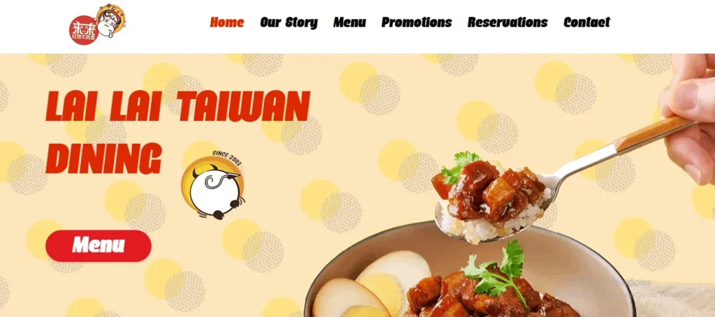 Website banner for "Lai Lai Taiwan Dining" featuring a prominent red "Menu" button, a cartoon bull logo, and a close-up of a spoon lifting braised pork rice with eggs against a yellow patterned background.