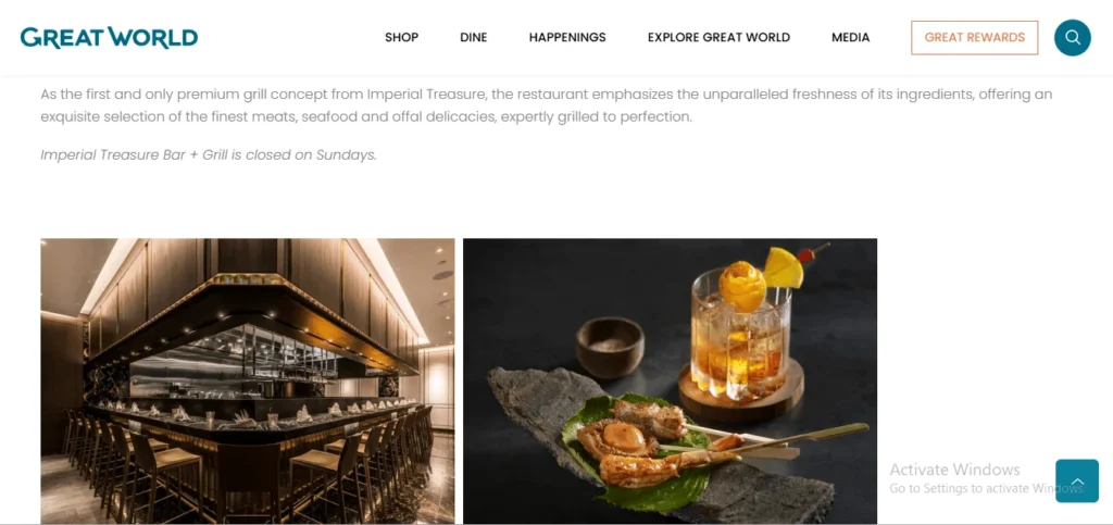 A webpage screenshot from Great World featuring a description of the "Imperial Treasure Bar + Grill" premium grill concept. Below the text are two photos: a sleek, warmly lit counter-dining restaurant interior and a gourmet plate of grilled skewers served alongside an amber cocktail.