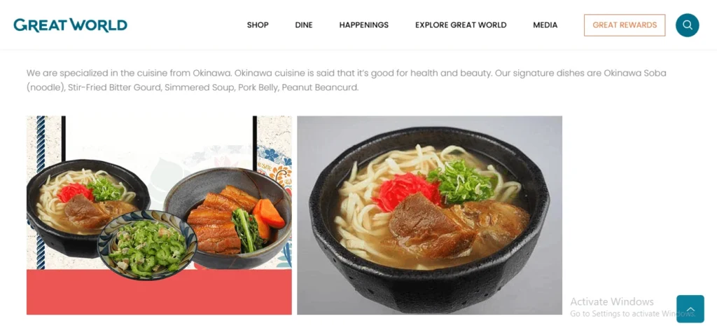 A webpage screenshot from Great World featuring a description of a restaurant specializing in Okinawa cuisine. Below the text are two images displaying signature dishes, including Okinawa Soba noodle soup, braised pork belly, and stir-fried bitter gourd.