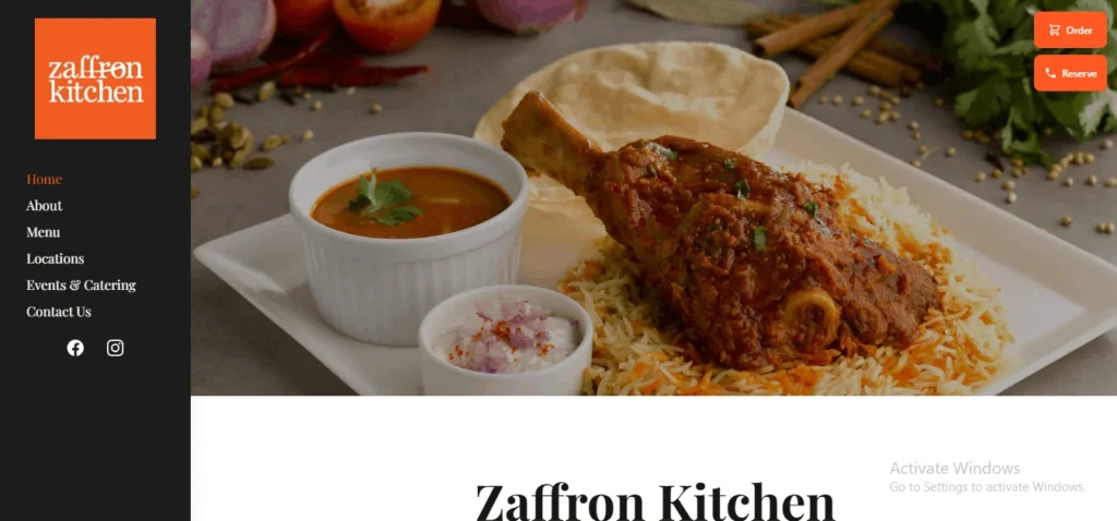 Screenshot of the homepage for "Zaffron Kitchen". On the left side is a dark sidebar featuring an orange logo box, navigation links for "Home", "About", "Menu", "Locations", "Events & Catering", and "Contact Us", along with social media icons for Facebook and Instagram. The main hero section showcases a large plate of biryani topped with a braised lamb shank, served with a bowl of curry, raita, and papadums. Orange "Order" and "Reserve" action buttons appear in the top right corner, with the heading "Zaffron Kitchen" visible below the banner.