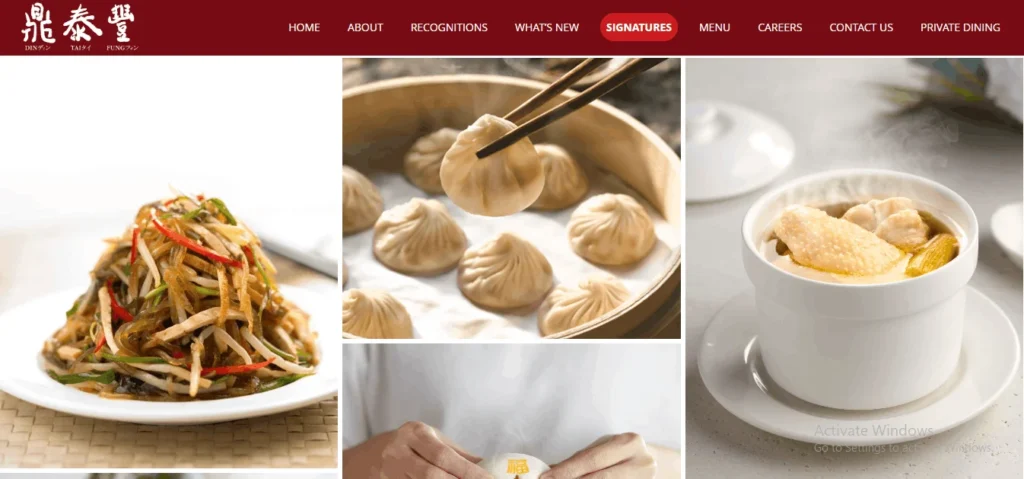 Screenshot of the homepage for Din Tai Fung. The top red navigation bar displays the brand logo on the left alongside links for "HOME", "ABOUT", "RECOGNITIONS", "WHAT'S NEW", "SIGNATURES", "MENU", "CAREERS", "CONTACT US", and "PRIVATE DINING". Below the menu, a grid features dishes, including a plate of Asian side salad with glass noodles and bean sprouts, chopsticks picking up a xiao long bao dumpling from a bamboo steamer, hands holding a steamer lid, and a bowl of chicken soup.