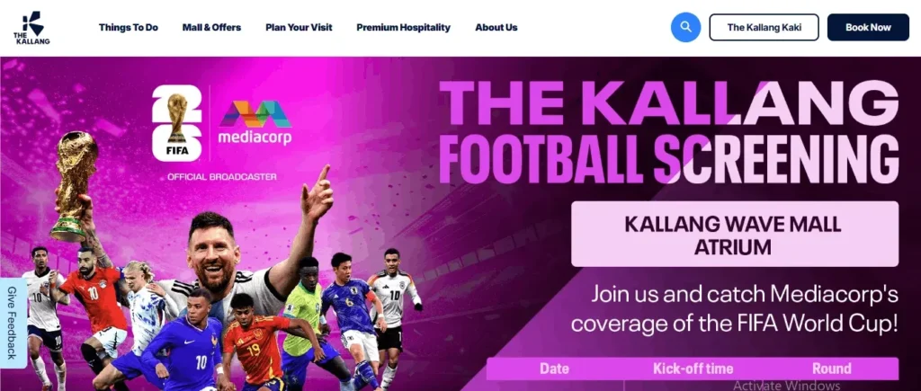 Screenshot of a website header for "The Kallang" featuring a vibrant purple promotional banner for "The Kallang Football Screening" at the Kallang Wave Mall Atrium. The top white navigation bar includes options like "Things To Do" and buttons for "The Kallang Kaki" and "Book Now." The main promotional graphic showcases international football players—including Lionel Messi holding the FIFA World Cup trophy—alongside logos for FIFA and Mediacorp as the official broadcaster. Text on the right invites visitors to watch Mediacorp's coverage of the FIFA World Cup, with a schedule table outline below it.