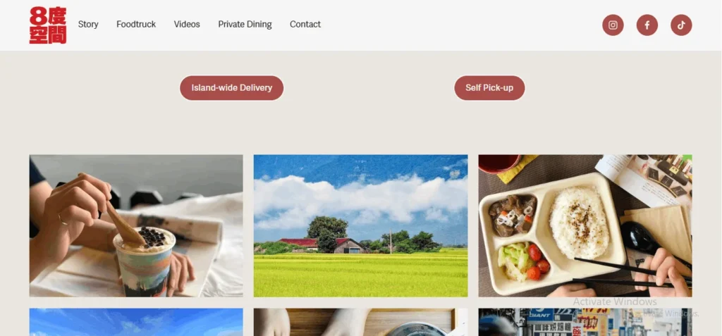 "Website homepage for a Taiwanese restaurant featuring a red logo, navigation links, and red action buttons for 'Island-wide Delivery' and 'Self Pick-up'. Below the menu, three grid images display bubble tea, a green countryside rice field, and a traditional bento box meal."