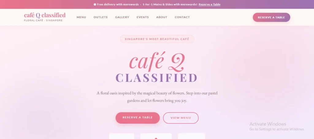 Website homepage for Café Q Classified in Singapore, featuring a pastel pink and purple gradient background, navigation menu, and a central tagline describing it as "A floral oasis inspired by the magical beauty of flowers."