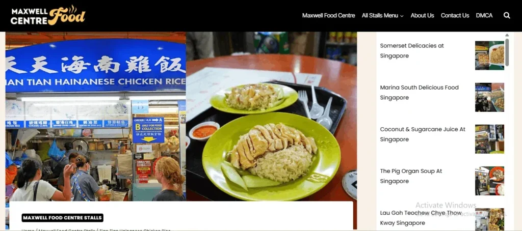 Website webpage for Maxwell Food Centre featuring Tian Tian Hainanese Chicken Rice stall on the left and a tray with two plates of sliced chicken rice on green plates on the right.