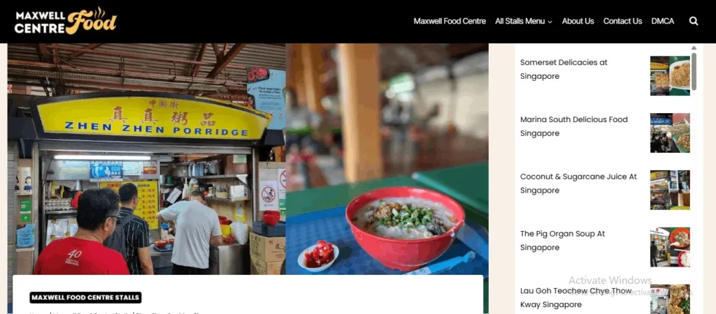 Website screenshot for Maxwell Food Centre displaying Zhen Zhen Porridge stall on the left and a red bowl of hot porridge on a blue tray on the right.