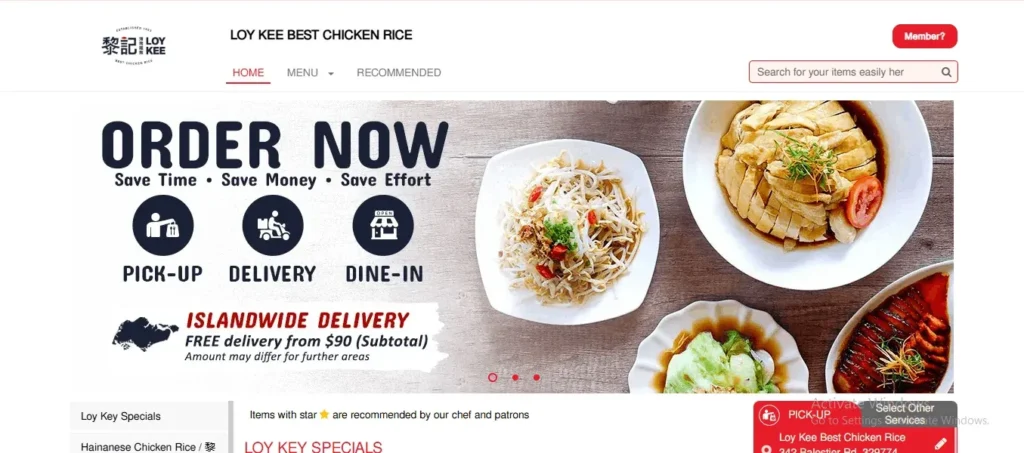 A screenshot of the Loy Kee Best Chicken Rice website homepage featuring a promotional banner for pick-up, delivery, and dine-in services, alongside dishes including Hainanese chicken rice, bean sprouts, and greens on a wooden table layout.