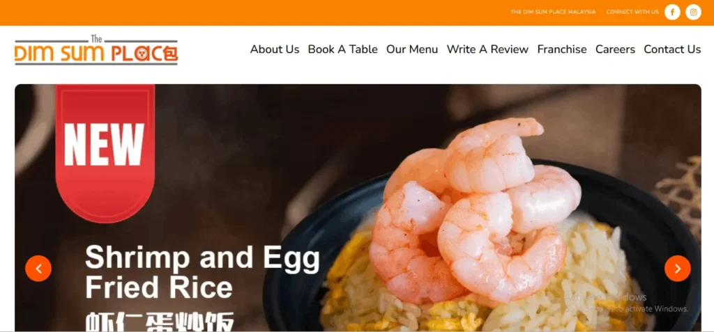 Website homepage for The Dim Sum Place featuring a prominent promotional banner for Shrimp and Egg Fried Rice.