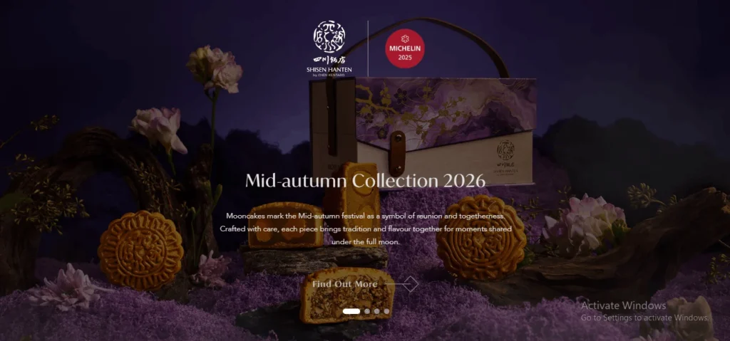 Promotional banner for Shisen Hanten's Mid-Autumn Collection 2026 displaying traditional mooncakes and an elegant purple gift box.