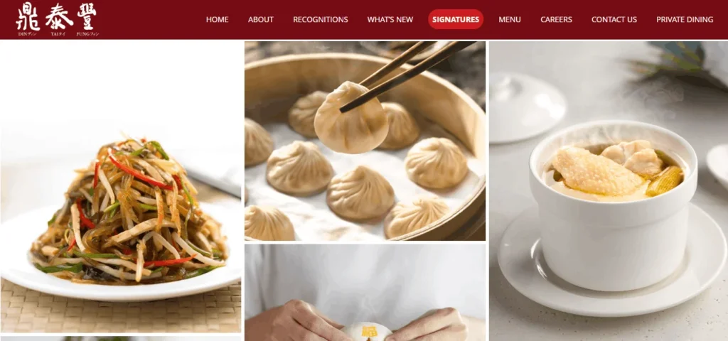 Website interface for Din Tai Fung restaurant featuring a red navigation menu bar at the top and a collage of signature Chinese dishes. The images display a plate of stir-fried shreds with bean sprouts, chopsticks lifting a steaming xiao long bao (soup dumpling) from a bamboo steamer basket, hands holding a bun, and a white ceramic bowl of steaming chicken soup.