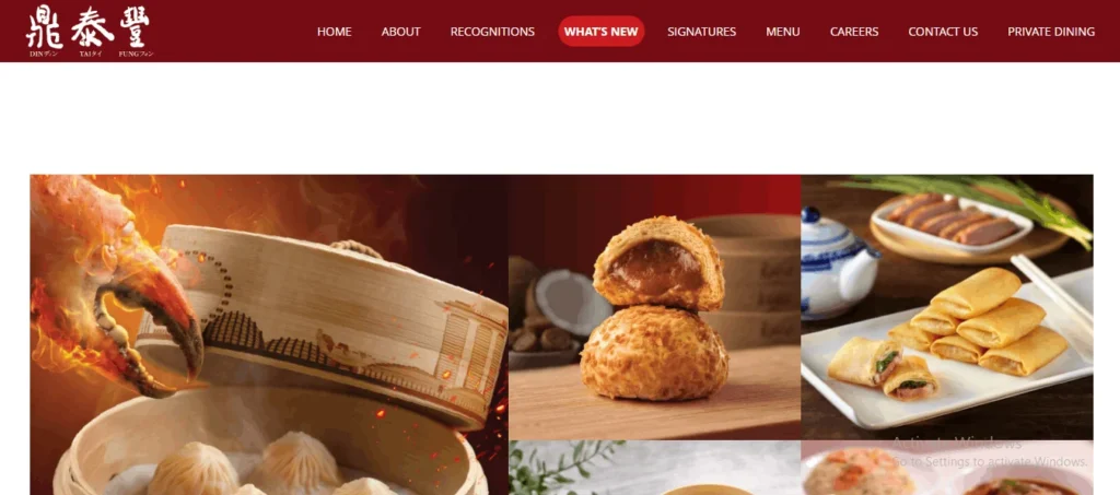 Website banner for Din Tai Fung restaurant featuring a red navigation menu at the top and a collage of various dim sum dishes, including steamed dumplings in a bamboo basket with a crab claw, baked buns, and fried spring rolls.