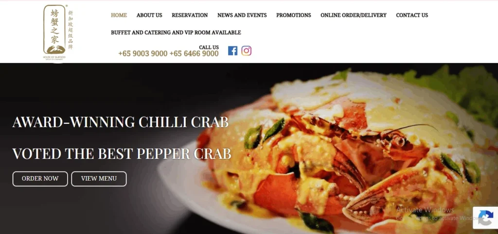 House of Seafood Singapore website banner showcasing crab dish and restaurant menu links.