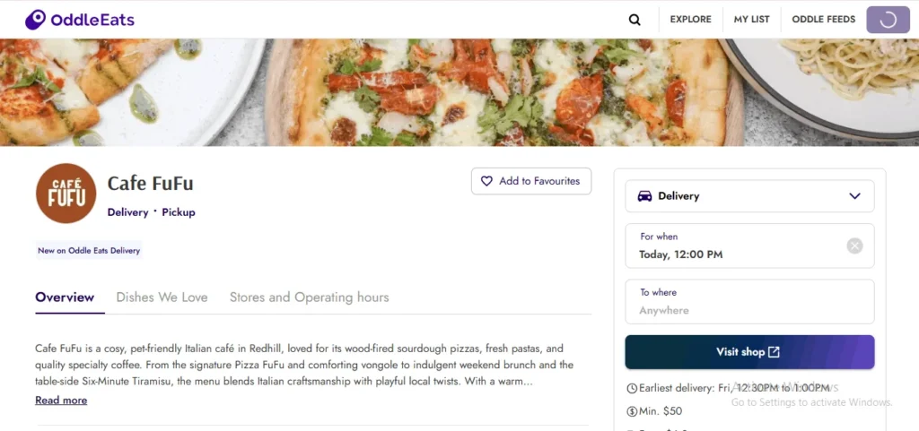 A screenshot of the Oddle Eats food delivery platform page for "Cafe FuFu," described as a cozy, pet-friendly Italian café in Redhill. The header features a banner image of a wood-fired pizza and a plate of pasta. Below, the café's circular brown logo is displayed next to its name, a short description of its menu highlights, and an "Overview" section. On the right side of the screen, a delivery widget allows users to schedule a delivery time and location, featuring a prominent blue "Visit shop" button.