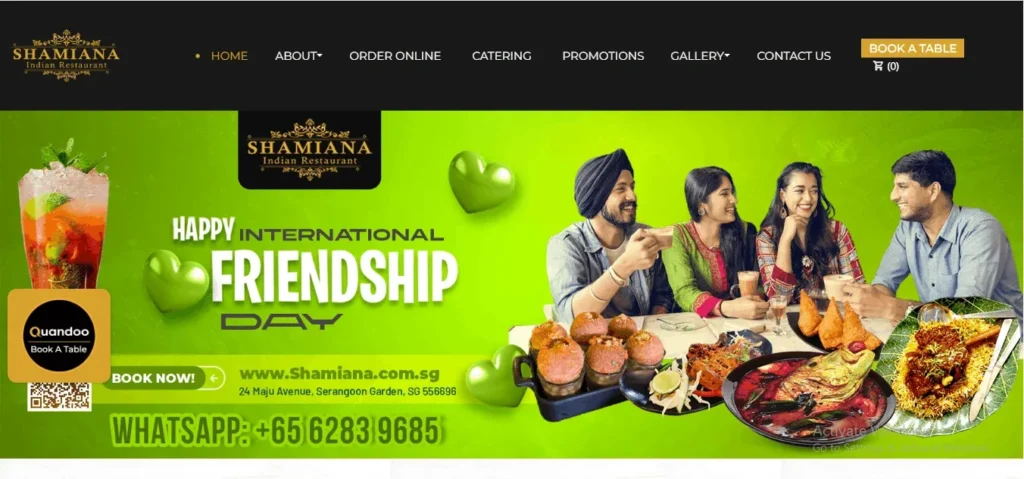 Website header for Shamiana Indian Restaurant featuring a bright green banner celebrating Happy International Friendship Day with a group of friends dining, food photos, and contact information.
