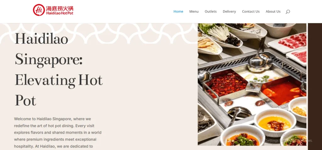 Screenshot of the Haidilao Hot Pot Singapore website homepage, displaying the red Haidilao logo, the headline "Haidilao Singapore: Elevating Hot Pot," and a vivid image of a four-compartment hot pot table spread with boiling broths and fresh ingredients.