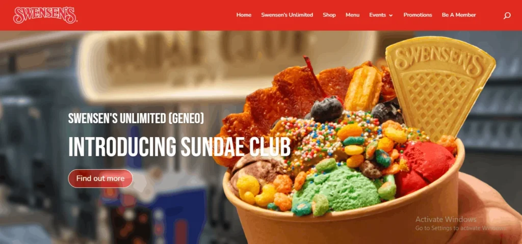 Screenshot of the Swensen's Singapore website homepage featuring the red Swensen's logo, the headline "Swensen's Unlimited (Geneo) Introducing Sundae Club," and a close-up of a large, colorful ice cream sundae loaded with sprinkles, candy toppings, and a signature waffle wafer.
