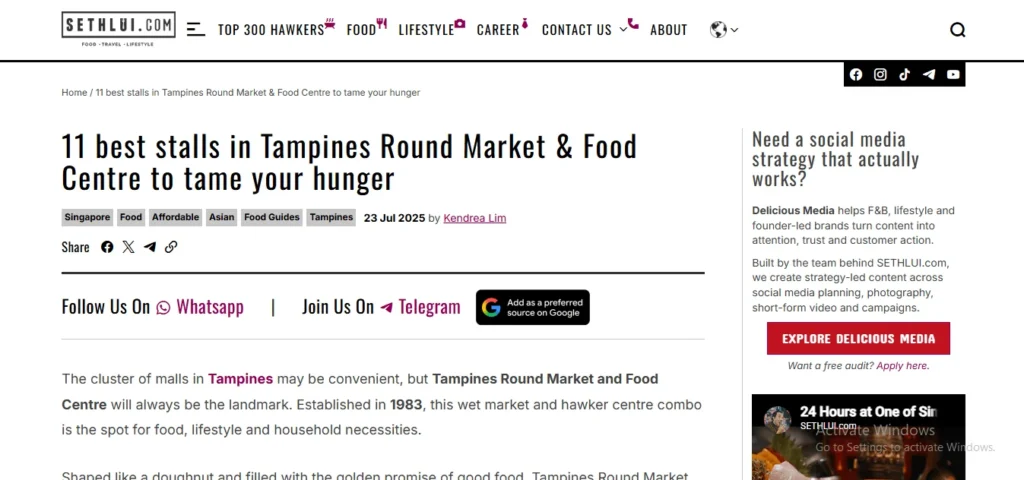 Screenshot of an online food article on SethLui.com titled "11 best stalls in Tampines Round Market & Food Centre to tame your hunger."
