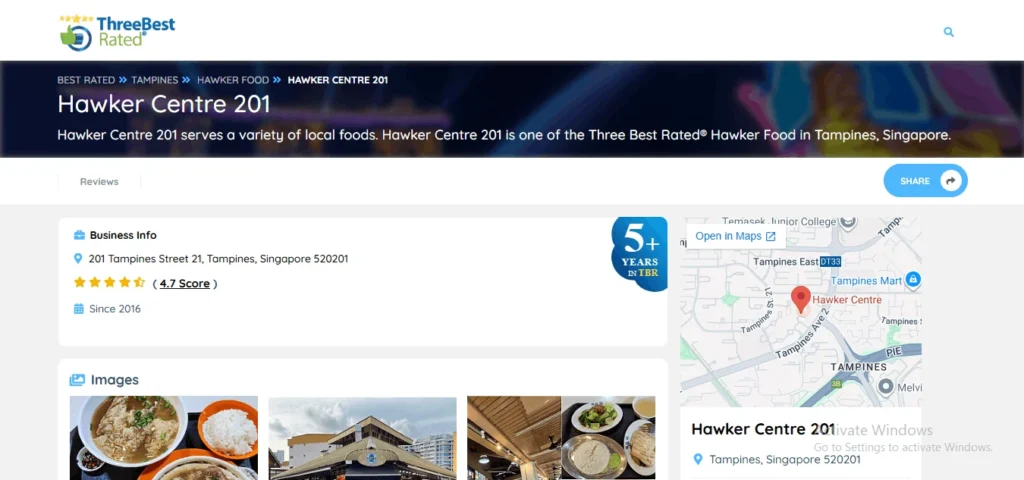Screenshot of a Three Best Rated business listing for Hawker Centre 201 in Tampines, Singapore, showing a 4.7-star score and location details.