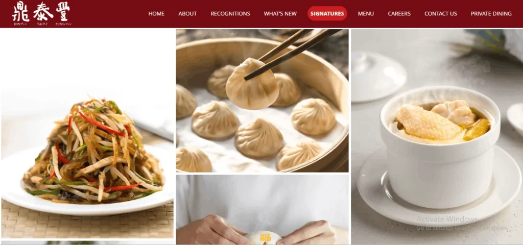A screenshot of the Din Tai Fung restaurant website homepage, featuring a top navigation menu and a collage of signature dishes including a shredded noodle salad, xiao long bao (soup dumplings) in a bamboo steamer, and a bowl of chicken soup.