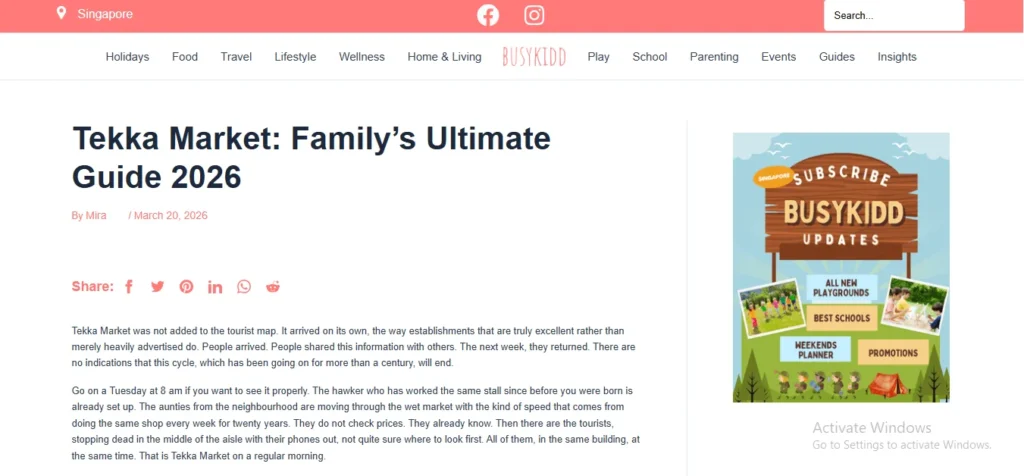 Screenshot of a web article titled "Tekka Market: Family’s Ultimate Guide 2026" on the BusyKidd website.