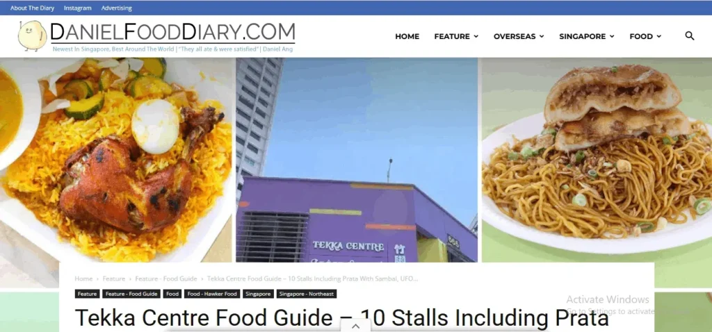 Screenshot of a blog post on DanielFoodDiary.com titled "Tekka Centre Food Guide", featuring photos of biryani, fried noodles, and the Tekka Centre building.