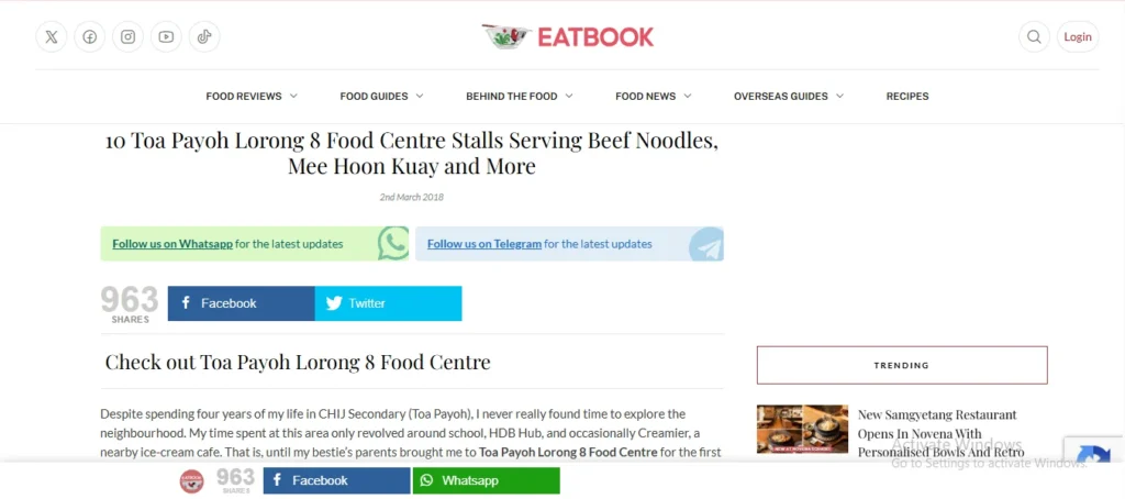 A screenshot of the Eatbook website showing an article titled "10 Toa Payoh Lorong 8 Food Centre Stalls Serving Beef Noodles, Mee Hoon Kuay and More." The webpage features a white background with a navigation menu at the top, social media sharing buttons, and an introductory paragraph about Toa Payoh Lorong 8 Food Centre. A "Trending" sidebar on the right highlights a story about a new Samgyetang restaurant opening in Novena.