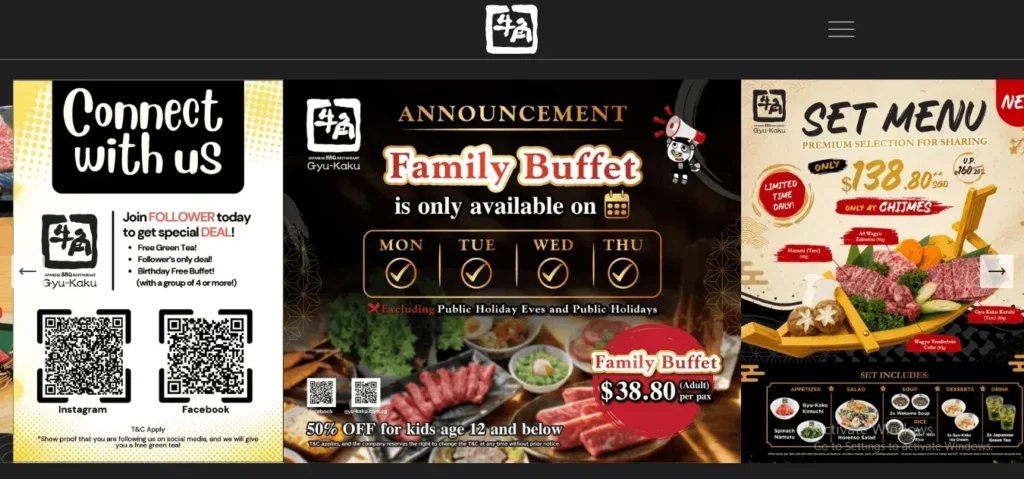 A website carousel display featuring three promotional banners for Gyu-Kaku Japanese BBQ Restaurant. The promotions include a social media follower program with QR codes, a weekday Family Buffet announcement for $38.80 per adult, and a limited-time premium sharing set menu for $138.80 at CHIJMES.