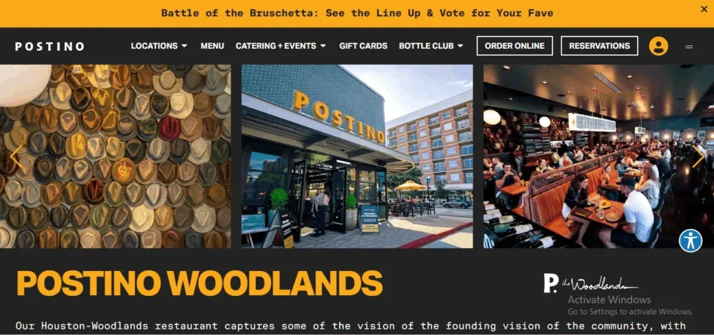A website screenshot for Postino Woodlands featuring navigation options at the top, followed by a three-photo image gallery showing a wall display of vintage hats, the modern exterior storefront with yellow branding, and a lively interior dining area filled with patrons. Below the photos, large bold text reads "POSTINO WOODLANDS" above a brief introductory paragraph.