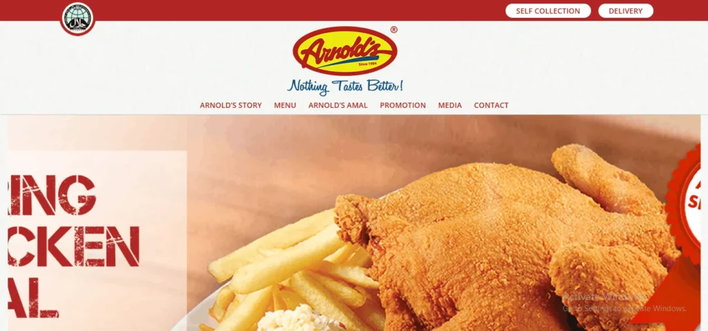 Screenshot of Arnold's Fried Chicken website homepage, featuring the brand logo with the tagline "Nothing Tastes Better!" and a banner showcasing a crispy, golden-brown spring chicken meal served with french fries and coleslaw.