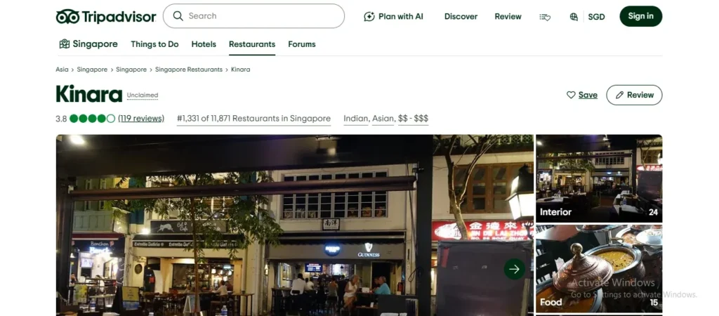 Screenshot of a Tripadvisor listing page for Kinara, an Indian and Asian restaurant in Singapore, showing a 3.8-star rating based on 119 reviews along with photo thumbnails of the exterior, interior, and food dishes.