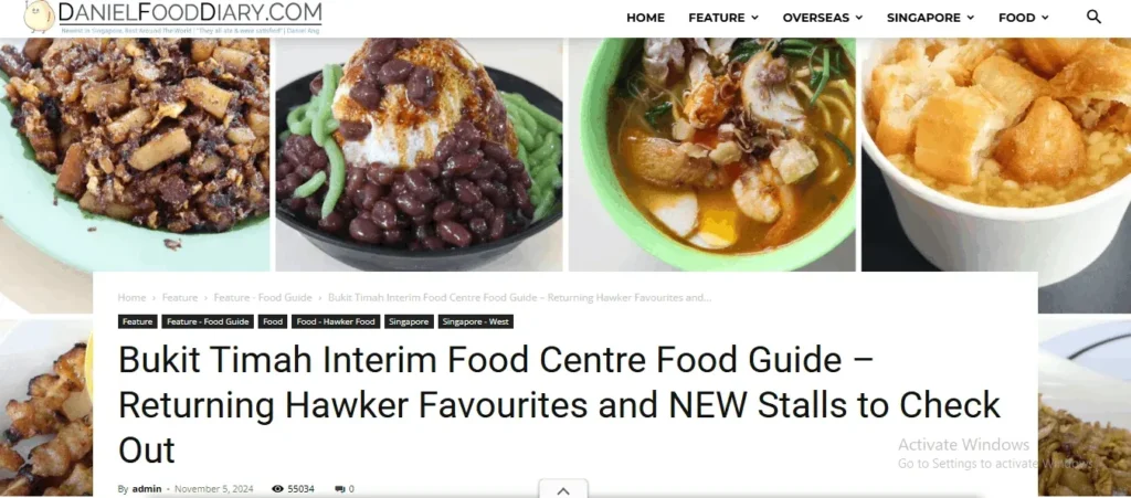 A screenshot of a blog post on DanielFoodDiary.com titled "Bukit Timah Interim Food Centre Food Guide – Returning Hawker Favourites and NEW Stalls to Check Out." The banner image displays a collage of local dishes, including fried carrot cake, Chendol, prawn noodles, and Tau Suan with fried dough fritters.